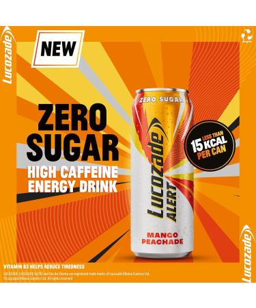  Lucozade Lucozade Alert Mango Peachade Pack of 12 x 500ml cans sugar-free high-caffeine energy drink great taste contains vitamin B3 to help reduce fatigue completely - Buy Online on GoSupps.com