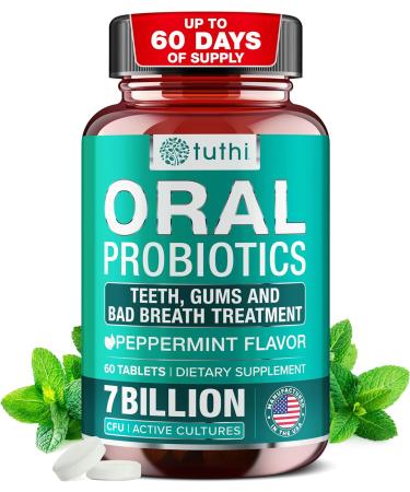 Tuthi Oral Probiotics - Dental Probiotic for Bad Breath  Gum Care - 7 Billion CFU - Fresh Mouth Health  Teeth Treatment - 60 Lozenges Peppermint 60 Count (Pack of 1)