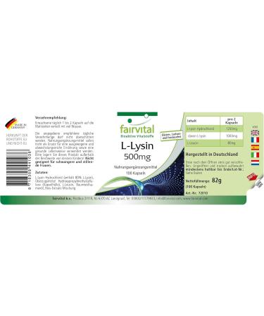 Buy Fairvital L-Lysine 500mg Capsules - High Dose Essential Amino Acid - 100 Capsules - International Shipping Available - Buy Online on GoSupps.com