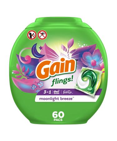 Gain flings! Laundry Detergent Soap Pacs, HE Compatible, Long Lasting Scent, Moonlight Breeze, 60 count Moonlight Breeze 60 Count (Pack of 1)