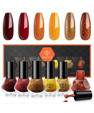 Modelones Nail Polish Set 6 Colors Autumn Winter Gold Glitter Red Nail Polish Orange Yellow Quick Dry Nail Varnish Finger Nail Polish Manicure DIY Nail Art Salon Home For Women Red Orange