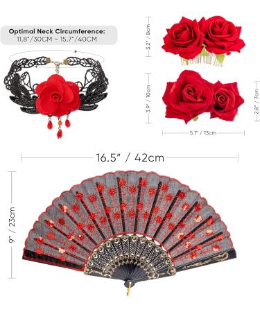 DRESHOW Rose Flower Hair Clip Embroidered Folding Fan Earrings Set Hair Accessories for Women Flamenco Dancer Set-F01UK Red - Buy Online on GoSupps.com