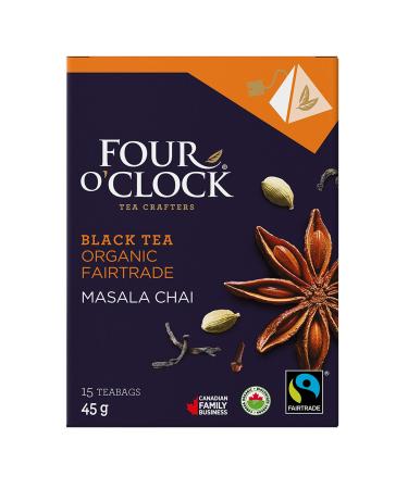 Four O'Clock Organic Fairtrade Black Tea Masala Chai Non-Gmo Kosher Gluten-Free 15 Count Pyramid 45g