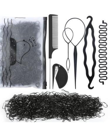 1006 Pcs Hair Loop Tool Set with 2 Topsy Tail Hair Tools 1 Ponytail Cutter Remover 1 Metal Pin Rat Tail Comb for Hair Styling 2 Hair Braiding Tool 1000 Black Rubber Bands for Women Black-B