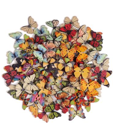 FINGOOO 100 PCS Butterfly Wooden Buttons,1 Inch Colorful 2 Holes Mixed Decorative Buttons for DIY Sewing&Wood Craft Clothes Accessories