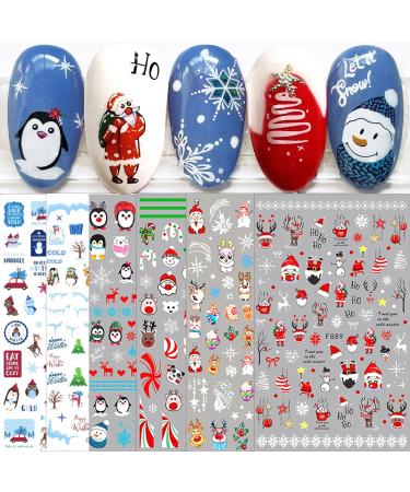 10 Sheets Christmas Nail Art Stickers Decals Self-Adhesive Kids Cute Bule White Pine Tree Reindeer Nail Supplies Nail Art Design Decoration Accessories