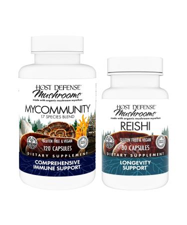 Host Defense MyCommunity Capsules 120 Count & Reishi Capsules 30 Count - Support Immune Health with 17 Species Mushroom Blend - Support Brain Health Memory & Focus*