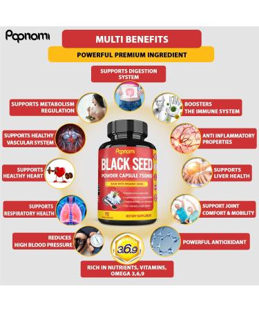 Organic Black Seed Powder Capsules 750mg | Rich in Nutrients, Vitamin E & Omega 3 6 9 | Immune & Joint Support | Vegan & Gluten Free | 3 Months Supply - Buy Online on GoSupps.com