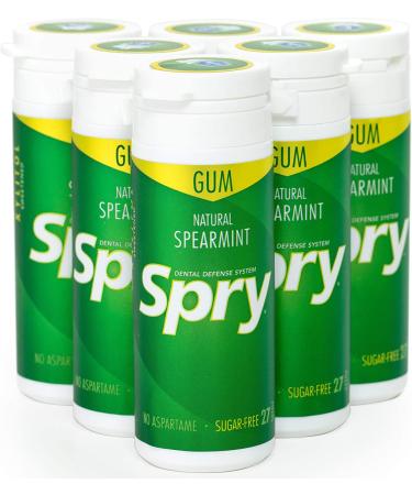 Spry Fresh Natural Xylitol Chewing Gum Dental Defense System Aspartame-Free Sugar Free Gum - Spearmint - 27 Count - Pack of 6