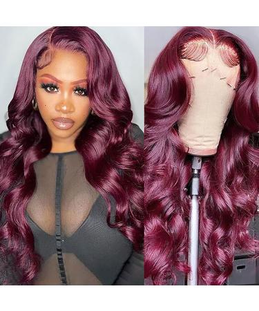 99j Burgundy Lace Front Wigs Human Hair 13x4 Lace Front Wigs Human Hair 180% Density Body Wave Lace Front Wigs Human Hair Glueless Wigs for Black Women Pre Plucked HD Lace Wine Red Wig Bleached Knots with Baby Hair (22 I...