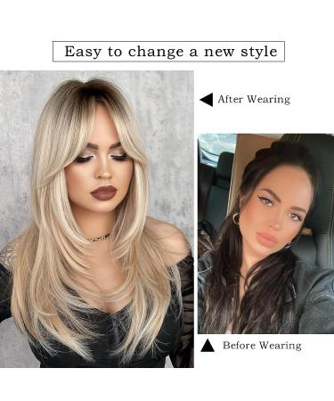 7JHH Long Blonde Wig with Bangs | 25-Inch Heat Resistant Synthetic Hair | Dark Roots Ombre Blonde | Daily Use - Buy Online on GoSupps.com