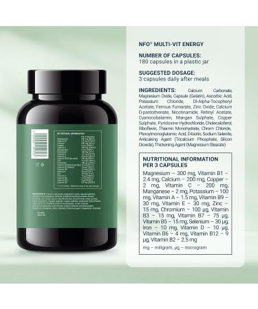 NFO Multi-VIT Energy 180 Capsules Norwegian Natural high-dose Complex Each Vitamin and Mineral in Our Multivitamin is calibrated for Maximum Synergy Made in Norway - Buy Online on GoSupps.com