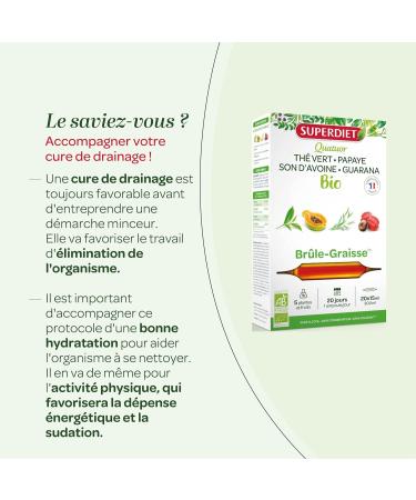 SUPERDIET - ORGANIC FAT BURNER QUARTET - Slimming -Green tea Papaya Oat bran Guarana -French manufacture - 20 ampoules of 15 ml - Buy Online on GoSupps.com