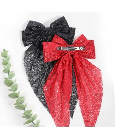 2Pcs Glitter Layered Hair Bows 8 Inch Barrette Hair Clip for Women Girls - Black+Red - Buy Online on GoSupps.com