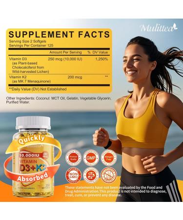 Plant-Based D3 K2 Vitamin 10000 IU w/ Virgin Coconut MCT Oil - 200 mcg MK7 Vitamin K2 Non-GMO for Ultimate Absorption - Bone Immune & Heart Health - Easy to Swallow D & K Supplement - 250 Softgels 250 Count (Pack of 1) - Buy Online on GoSupps.com