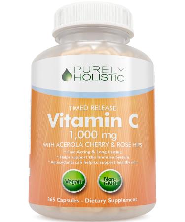 Purely Holistic Vitamin C 1000mg - 365 Capsules - 2 Stage Timed Release with Ascorbic Acid  Rosehip & Acerola Cherry Bioflavonoid - 12 Month Supply - Immune System Support - Vegan - Buy Online on GoSupps.com