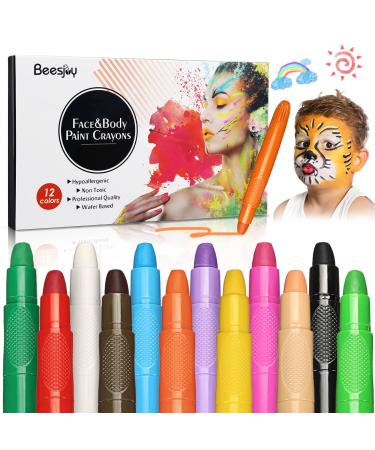 Beesjuy Face Painting Kits for Kids,12 Color Water Based Face Paint Kit, Washable Kids Body Paint for Makeup, for Birthday, Halloween, Thanksgiving Day, Cosplay Makeup, Gifts for Kids/Children