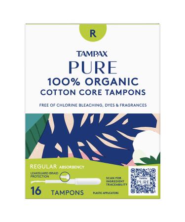 Tampax Pure Tampons Regular Absorbency, Unscented, 16 Count (Pack of 3, 48 Total Count)