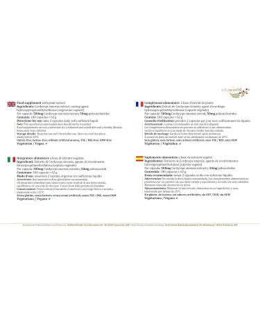 Pack of 3 Vita World Cordyceps Extract 500mg 3 x 100 Vegan Capsules CS-4 with Certificate of Analysis - Buy Online on GoSupps.com