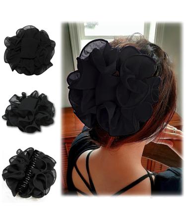 Ladiesway Large Chiffon Claw Clip Hair Bow | Large Size Black Fabric Ribbon Flower Rose | Claw Jaw Clamps Clips Accessories for Women & Girls Thick or Fine Hair