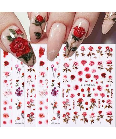 6 Sheets Flower Nail Art Stickers 3D Self-Adhesive Spring Rose Nail Decals Charming Pink Rose Floral Designs Nail Stickers for Acrylic Nail Art Red Rose Nail Art Decoration for Women Girls DIY A1
