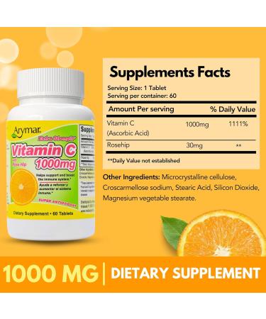 Arymar Vitamin C 1000 mg with Rosehip Extract 30 mg - High-Potency Vitamin Supplement - 60 Tablets - Buy Online on GoSupps.com