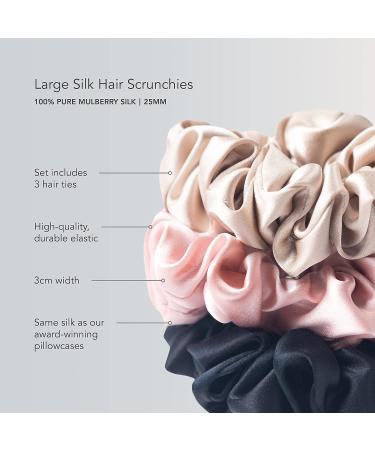 Fishers Finery 25 Momme Silk Large Scrunchies 3 Pack (Black/Pink/Champagne) - 100% Pure Mulberry Silk Hair Ties - Buy Online on GoSupps.com