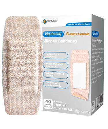 Silicone Bandages Large Size for Sensitive Fragile Skin - 1.63" x 4" 40 Counts - Latex Free Non Allergenic Hypoallergenic Painless Removal Flexible Fabric Bandages 1.63"x4"