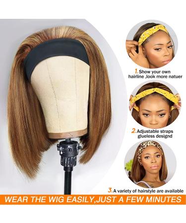 Highlight Bob Headband Wig 12 Ombre Straight Human Hair for Black Women - Brazilian Glueless 150% Density Ombre Brown Honey Blonde Headband Wig - Buy Online on GoSupps.com