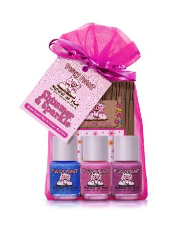 Piggy Paint | 100% Non-Toxic Girls Nail Polish | Safe  Cruelty-free  Vegan  & Low Odor for Kids | Shimmer & Sparkle (3 Polish + Nail Art Gift Set)