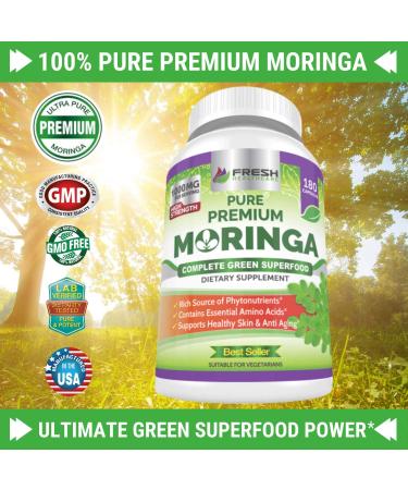 Moringa Oleifera 180 Capsules | 100% Pure Leaf Powder | 1000mg Per Serving | Green Superfood Supplement | 3 Month Supply | Vegan Capsules - Buy Online on GoSupps.com