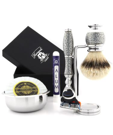 Haryali London 5 Blade Badger Razor with Shaving Brush Stand and Alum