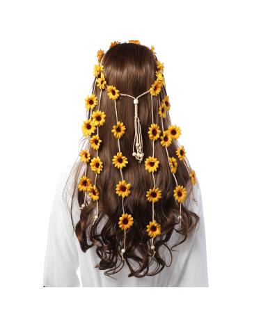 AWAYTR Flower Hippie Headband Floral Crown Behemain Sunflowers Beads Adjust Flower Headdress Hair Accessories (Yellow)
