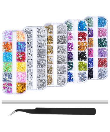 5 Boxes Nail Art Rhinestones 51 Styles Colored Round & Multi-shape Nail Gems Nail Design Kit Accessories Nail Glitter Crystals Jewels Diamonds for Nail Decoration, Make-up, DIY, Clothing, Phone Decor