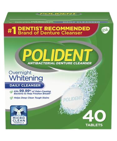 Polident Overnight Whitening Denture Cleanser Effervescent Tablets, 40 count