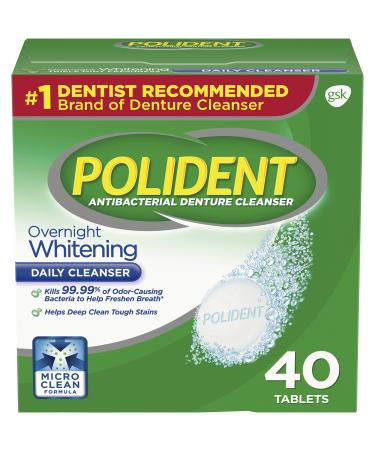 Polident Overnight Whitening Antibacterial Denture Cleanser Triple Mint Freshness 40 ea (Pack of 5)