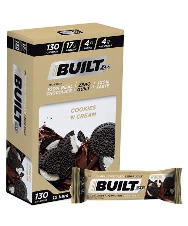 Built Bar 12 Pack High Protein and Energy Bars - Low Carb, Low Calorie, Low Sugar - Covered in 100% Real Chocolate - Delicious, Healthy Snack - Gluten Free (Cookies 'N Cream)