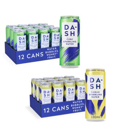 Dash Water Lime & Lemon - 24 x Flavoured Sparkling Spring Water NO Sugar NO Sweetener NO Calories - Infused with Wonky Fruit (12 Lime & 12 Lemon x 330ml cans)