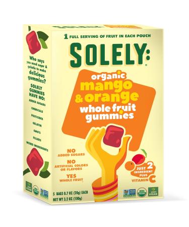 SOLELY Organic Mango and Orange Whole Fruit Gummies, 3.5 oz | Three Ingredients | No Added Sugars, Artificial Colors or Flavors | Vegan Fruit Snacks Mango Orange 0.7 Ounce (Pack of 5)