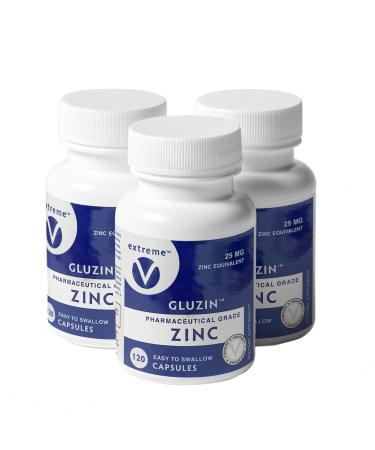 Gluzin OTC ZINC Made in The USA - Pharmaceutical Grade Zinc 25mg (3 Bottles - 360 Vegetarian Capsules)