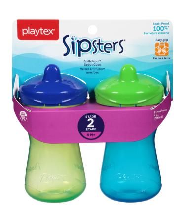 Playtex Sipsters Stage 2 Spill-Proof  Leak-Proof  Break-Proof Spout Sippy Cups - 9 Ounce - 2 Count (Color May Vary) 2 Count (Pack of 1) Spout Sippy Cup