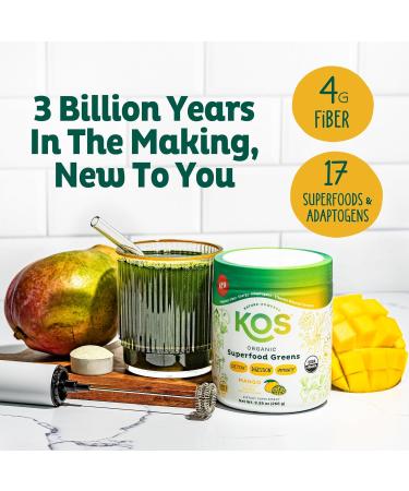 KOS Organic Superfood Greens Powder - Gut Health from Prebiotic Fiber Supergreens and Adaptogens - USDA Certified Organic Made in a GMP Certified Facility - 28 Servings Mango Mango 9.38 Ounce - Buy Online on GoSupps.com