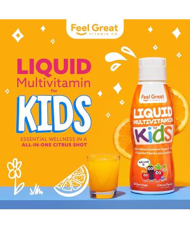 Feel Great Kids Liquid Multivitamin - Orange Flavored Vegetarian & Sugar-Free | Essential Vitamins & Immune Support | 30 Day Supply - 16 Fl Oz - Buy Online on GoSupps.com