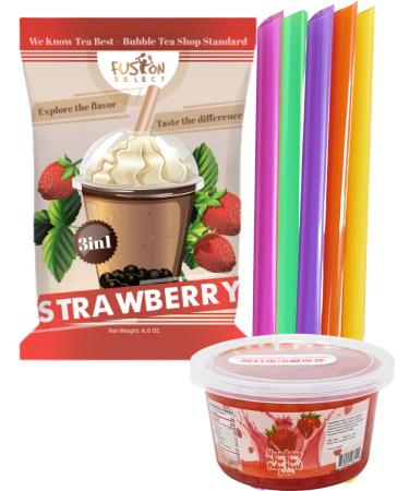Fusion Select Ultimate Strawberry Bursting Boba Bubble Tea DIY Kit  3-in-1 Bubble Tea Powder, Strawberry Flavored Popping Bursting Boba, Large Straw (Strawberry Powder+Strawberry Bursting Boba+Straw)
