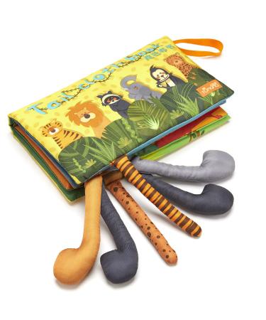 TUMAMA KIDS Cloth Books Sensory Book Toys Soft 3D Jungle Tails Squeaker and Crinkle Sound Bath Book Learning 0-3-6-9-12-18M 3D Animal Jungle Tails