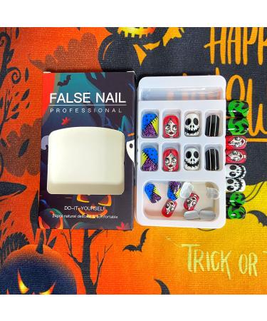 Colorful Nightmare Before Christmas Press-On Nails | Short Square Acrylic False Nails with Ghost Designs - 24 Pcs for Women - Buy Online on GoSupps.com