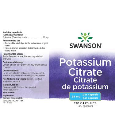 Swanson Potassium Citrate 99 mg - 120 Capsules for Heart & Muscle Health - Buy Online on GoSupps.com