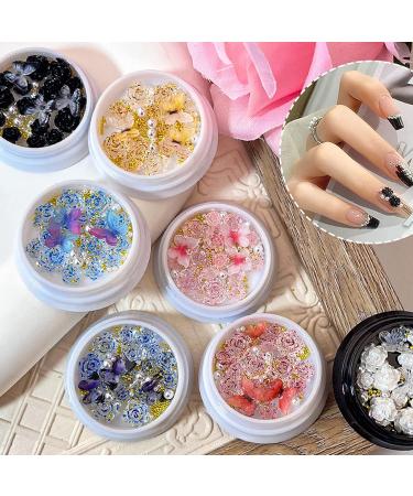 6 Boxes 3D Rose Flower Butterfly Nail Charms Acrylic Pink Black Blue 3D Butterfly Rose Flower Nail Art Charms Mix Pearl Gold Metal Round Beads for Nail Art Designs Accessories DIY Craft S2-butterfly rose