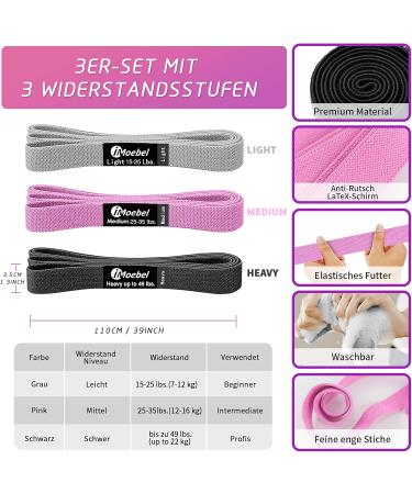 Imoebel Fitness Band Set | Long Resistance Tapes for Strength Training CrossFit Yoga - 3 Colors (Gray/Pink/Black) | Non-Wound Pull-Up Bands for Home Workout - Buy Online on GoSupps.com