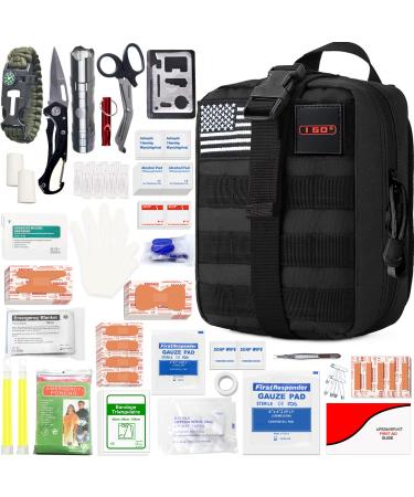 I GO Survival First Aid Kit, 251 Pieces Compact Tactical Trauma First Aid Bag, Molle Compatible Emergency Pouch for Outdoor Camping Hiking Backpacking and Travel, Black